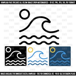 May include: Black and white line art illustration of a person swimming in the ocean with a sun above. The illustration is repeated in three different color variations: black and white, blue and white, and blue and dark blue.