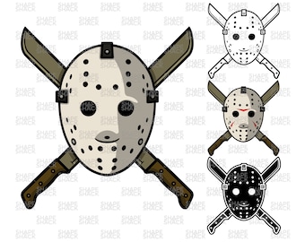 Halloween Hockey Mask Machete | Friday Zombie Knife | Clipart Symbol Logo Outline Line Drawing | png jpg svg xcf pdf dxf Cut File for Cricut
