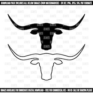 Longhorn Cow Head Bull Cattle Horns | Clipart Symbol Silhouette Outline Line Drawing | png jpg svg xcf pdf dxf Cut File for Cricut
