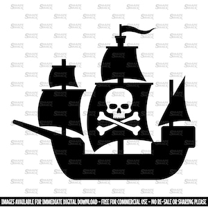 May include: Black silhouette of a pirate ship with a skull and crossbones on the sail. The ship has three masts and a flag flying from the top mast.