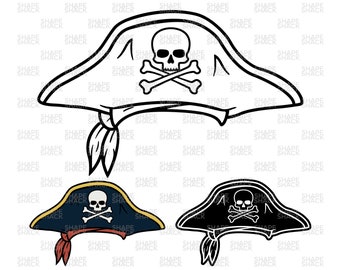 Pirate Hat Skull Crossbones | Pirate Captain Tricorne | Clipart Symbol Silhouette Outline Line Drawing | png jpg svg xcf pdf dxf for Cricut