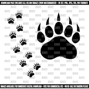 Berenvoetafdruk | Bruinzwarte grizzlypootafdruk | Parcours | Clipart symbool silhouet overzicht lijntekening | png jpg svg xcf pdf dxf voor Cricut
