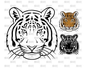 Tiger Head Face | Siberian Cat Print | Clipart Symbol Silhouette Outline Line Drawing | png jpg svg xcf pdf dxf  Cut File for Cricut
