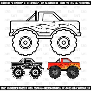 Monster Truck | Cartoon Off Road Car Boys Room Clipart Symbol Silhouette Outline Line Drawing | png jpg svg xcf pdf dxf Cut File for Cricut