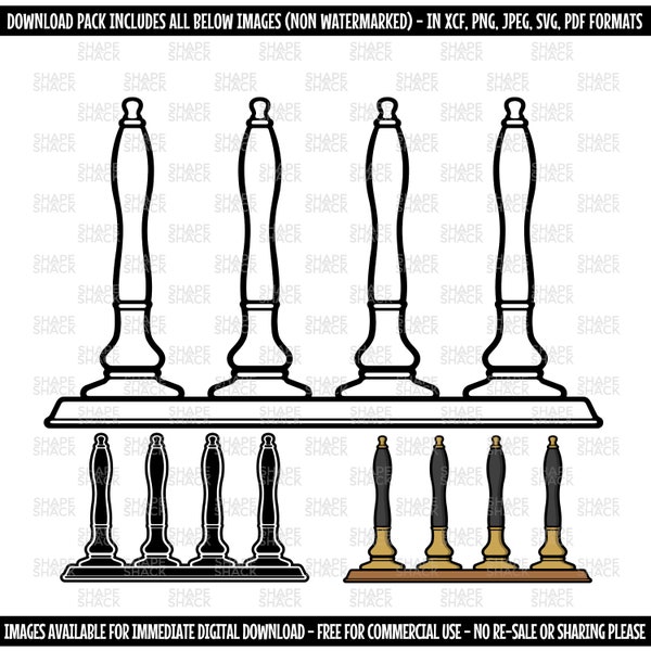 Poignées de robinet de pub | Brasserie de bière Bar Ale Lager Rec Room | Clipart symbole Silhouette contour dessin au trait | png jpg svg xcf pdf dxf pour Cricut