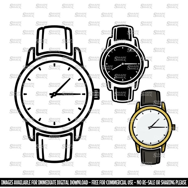 Reloj / Reloj de pulsera analógico Vintage / Clipart Símbolo Silueta Esquema Línea Dibujo / png jpg svg xcf pdf dxf Archivo de corte para Cricut