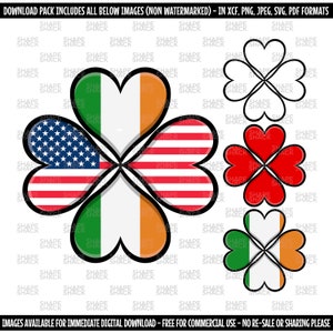Puede incluir: Cuatro diseños en forma de trébol con diferentes banderas. El trébol superior es verde, blanco y naranja, representando la bandera irlandesa. El trébol inferior también es verde, blanco y naranja. Los tréboles izquierdo y derecho son rojo, blanco y azul, representando la bandera estadounidense.