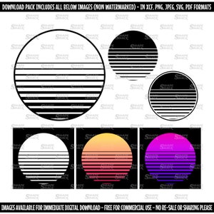 Coucher de soleil VHS rétro des années 80 | Soleil synthétique | Symbole | Clipart symbole de dessin au trait contour de la silhouette | png jpg svg xcf pdf dxf couper fichier pour Cricut