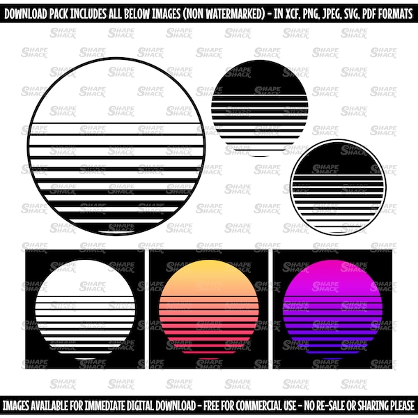 Retro 80s VHS Sunset | Synthwave Sun | Symbol | Clipart Line Drawing Symbol Silhouette Outline | png jpg svg xcf pdf dxf Cut File for Cricut