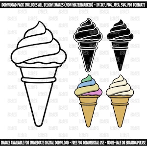 May include: A set of five ice cream cone illustrations. The first cone is a black and white outline. The second cone is filled in black. The third cone is filled in white. The fourth cone has a rainbow of colors in the ice cream. The fifth cone has a single scoop of vanilla ice cream.