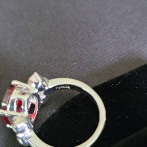 May include: A silver ring with a large, oval-shaped, red gemstone as the centerpiece. The ring has a detailed setting with smaller accent stones and the inscription "NRQ" on the band. The ring is set against a dark background.