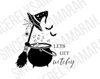 Witchy Halloween SVG PNG: Cauldron, Broom, Bats (Digital Download)