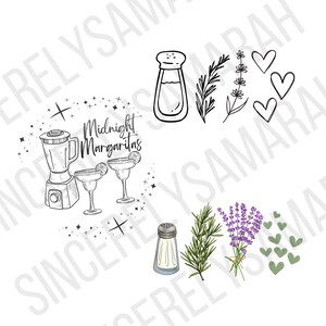 May include: A digital illustration featuring a blender, two margarita glasses, and the text Midnight Margaritas surrounded by stars. Also included are line art and coloured versions of a salt shaker, a rosemary sprig, lavender, and heart shapes.