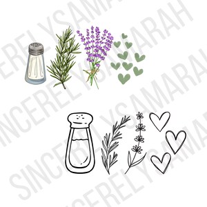 May include: A digital illustration featuring two rows of icons. The top row shows a salt shaker, a sprig of rosemary, a bundle of purple lavender, and green hearts. The bottom row displays black and white line art versions of the same items.