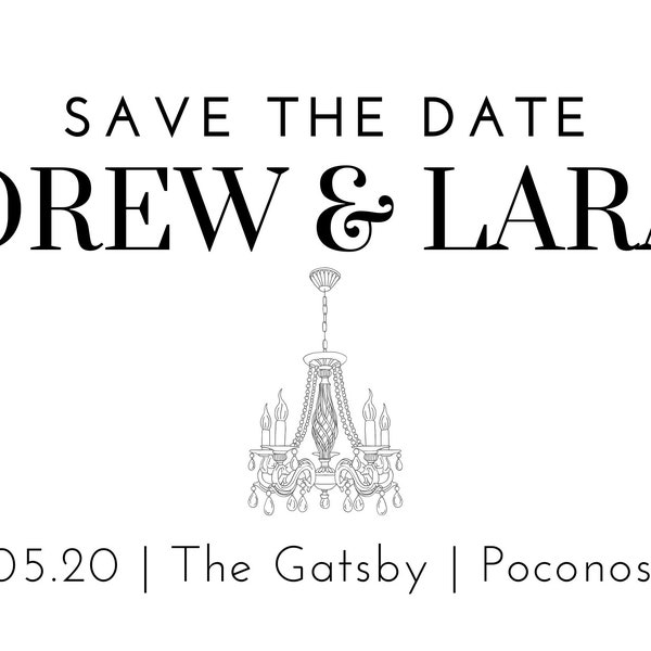 Minimalist Black and White Chandelier ‘Roaring Twenties’ Inspired 7 x 5 in Wedding Save the Date - Editable Canva Template Digital Download