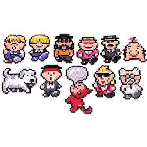 May include: A set of 11 pixel art characters, including a dog, a red monster, and a variety of people with different hairstyles and clothing. The characters are all in a cartoon style and are made of small, colorful squares.