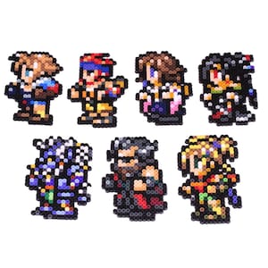 May include: Pixel art of eight characters from a video game, each with unique outfits and hairstyles. The characters are rendered in a blocky, retro style, with a variety of colors including blue, brown, yellow, and black. The figures are arranged on a white background.