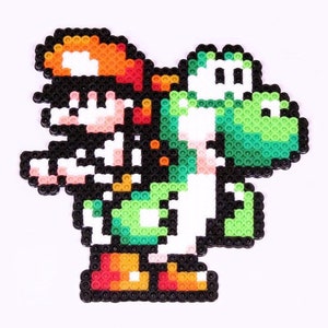 Yoshi&#39;s Island Yoshi & Baby Mario Hama Bead Sprite Pattern | Super Mario World Bead Art | Fun Nintendo Gift