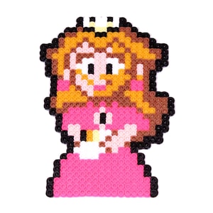 May include: A pixel art image of a princess with brown hair, a pink dress, and a white crown. The princess is smiling and has her hands clasped in front of her.