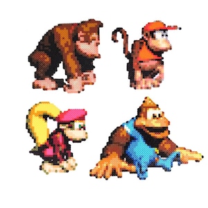 Donkey Kong Country Kongs Perler Bead Set | 16-Bit Diddy Kong, Dixie Kong, Kiddy Kong, SNES Game Room Decor