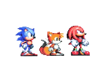 May include: A blue hedgehog, a red echidna, and a yellow fox with a white tail, all standing in a row. The characters are pixelated and appear to be from a video game.