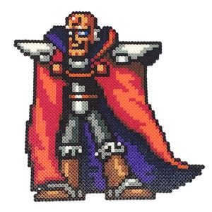 May include: A pixel art character wearing a red and purple robe with a crown and a beard. The character is standing with their arms crossed.