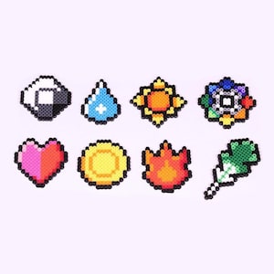 May include: Eight pixel art designs, each representing a different element. The designs include a heart, a sun, a water drop, a fire, a leaf, a coin, a rock, and a star.