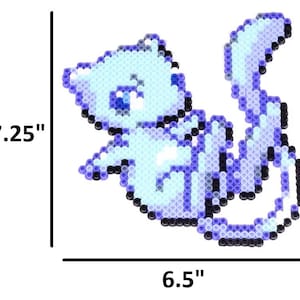 May include: A blue and white pixel art design of a Pokemon character, measuring 7.25 inches by 6.5 inches.
