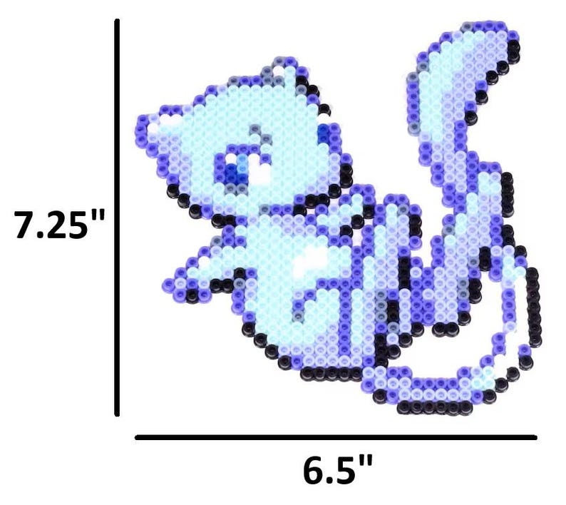 May include: A blue and white pixel art design of a Pokemon character, measuring 7.25 inches by 6.5 inches.
