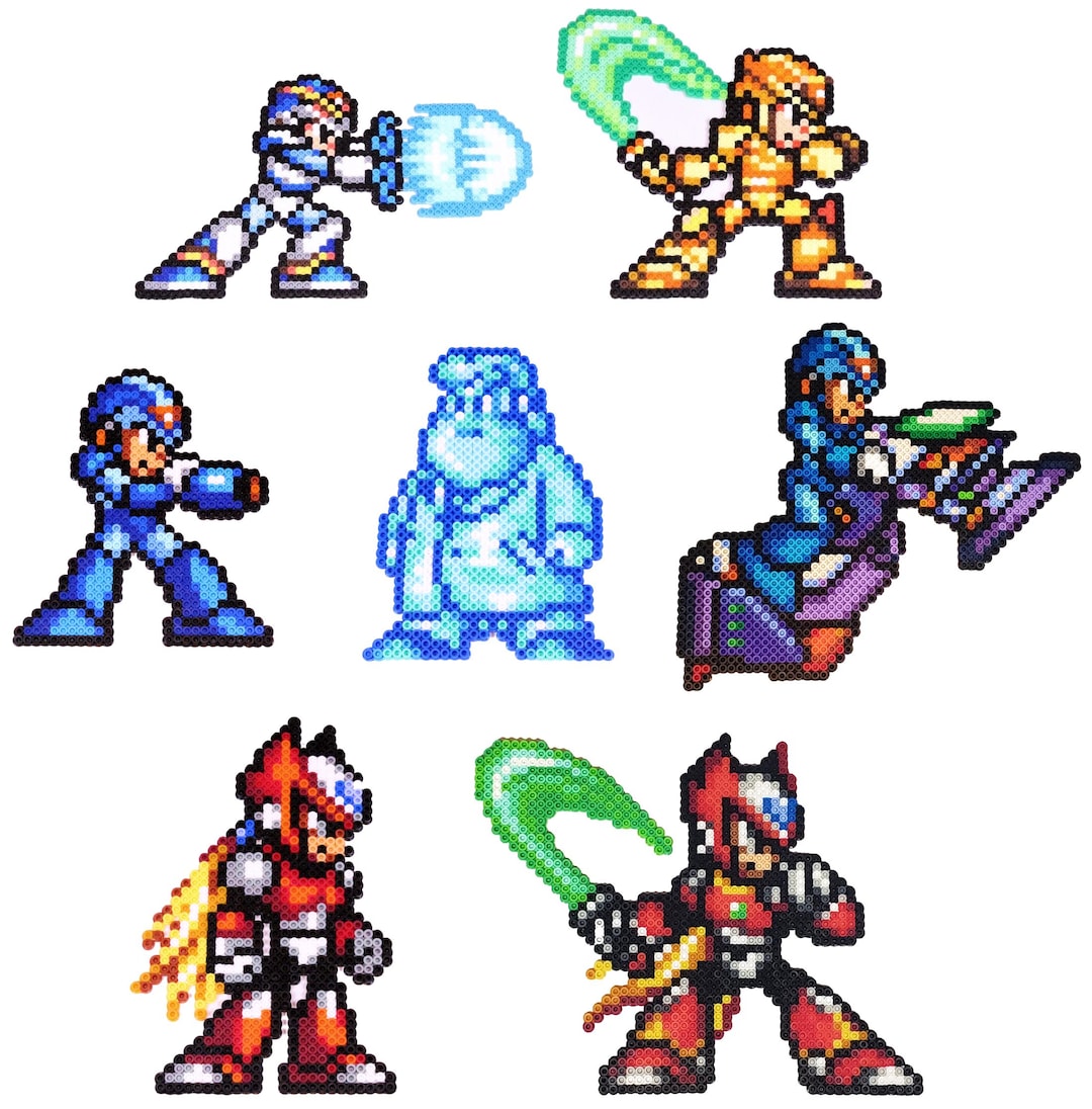 Mega Man X Perler Bead Sprite Bundle, X, Zero, Gold Armor, Dr