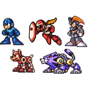 Mega Man 7 Character Set, Perler Bead Pixel Sprites, Mega Man, Bass, Proto Man, Treble & Rush, SNES Retro Art