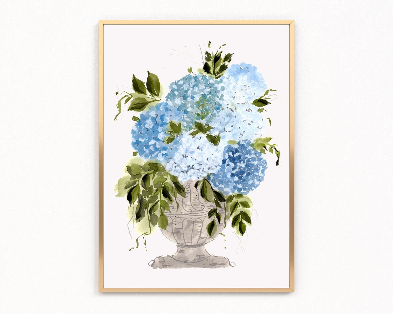 Blue Hydrangea Art Print Floral Vase Painting, Cotton Paper