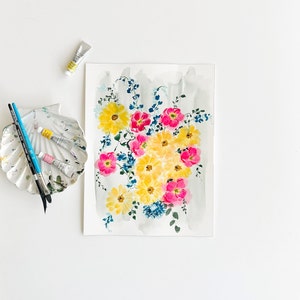 Original Pink and Yellow Floral Bunch Watercolor Painting image 2