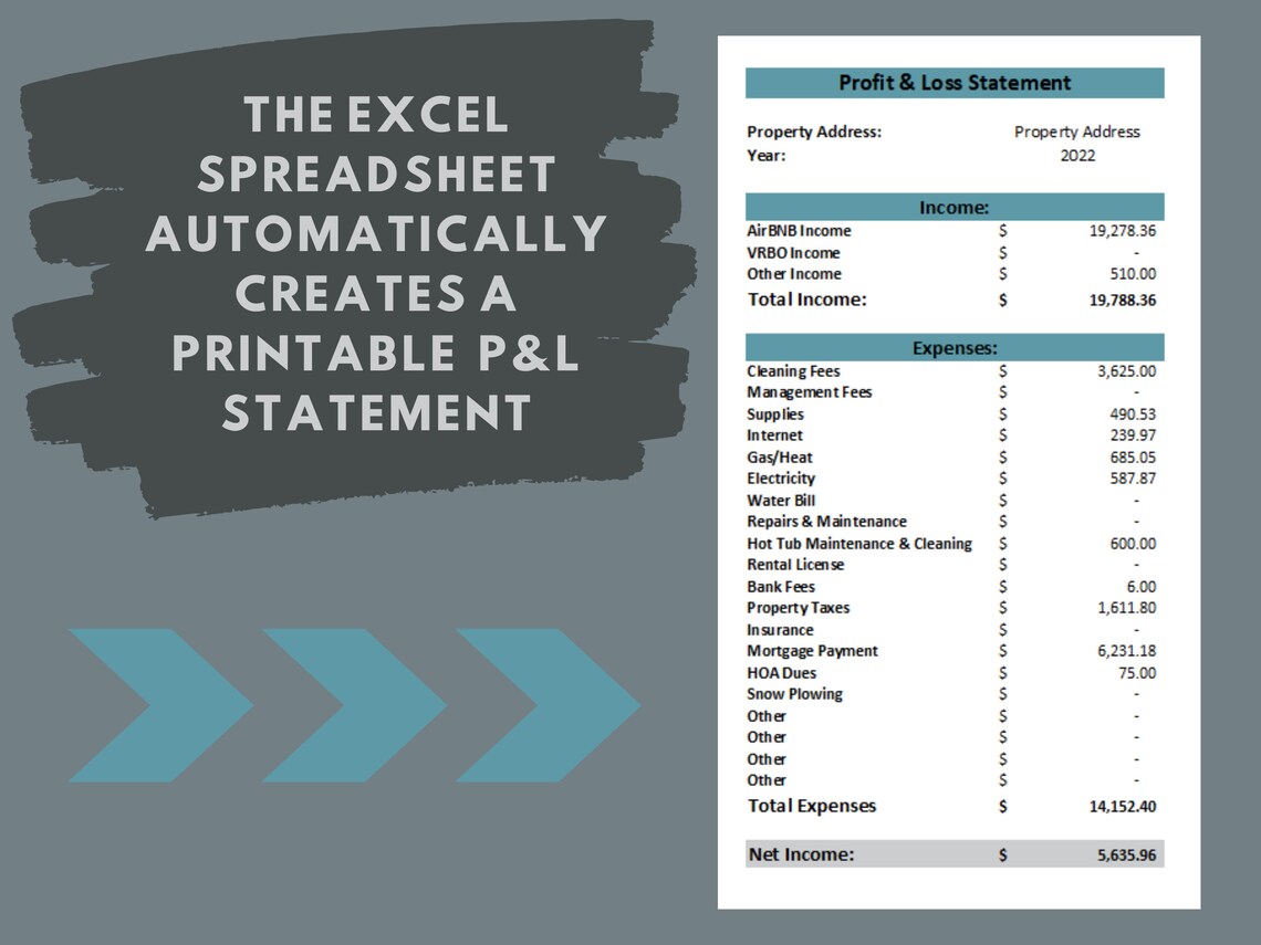 Airbnb Profit and Loss Excel Spreadsheet Excel Template Expense Tracker