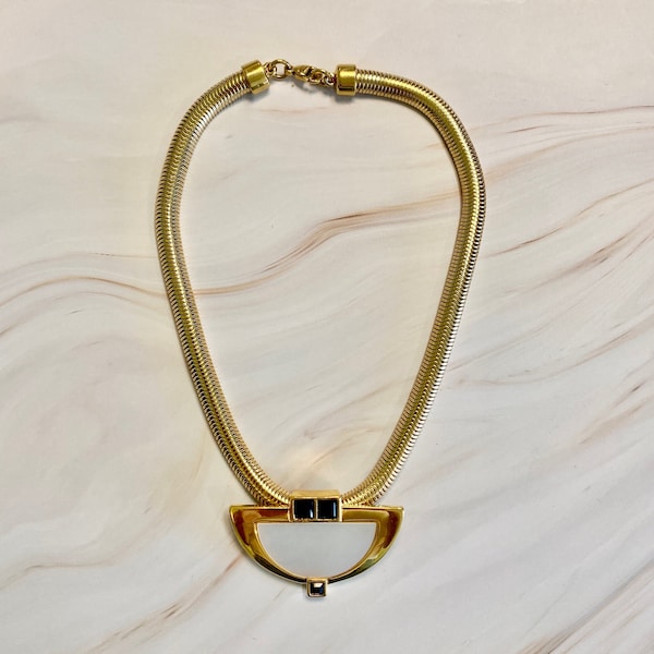 Lanvin Style Omega Necklace with Inlay Pendant