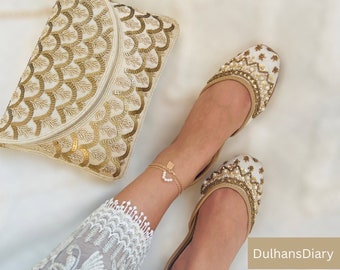 PureRadiance | Handmade White Khussas/Juttis/Ladies handmade Pakistani Indian Khussa Sandal | Handmade Punjabi Jutti | Bridal Flat Shoes