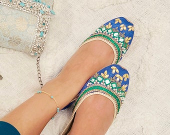 Royal Azure |  Ladies handmade Royal Blue Khussa / Jutti | Pakistani Delicate Mirror Work Punjabi Jutti | Women wedding shoe| Flat Shoe