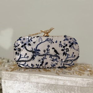Floral Zardosi Clutch: Navy Blue Bird Knob Bridal Bag