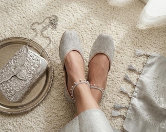 Handmade Silver Tilla Work Khussas: Pakistani Wedding Shoes- US Standard Size