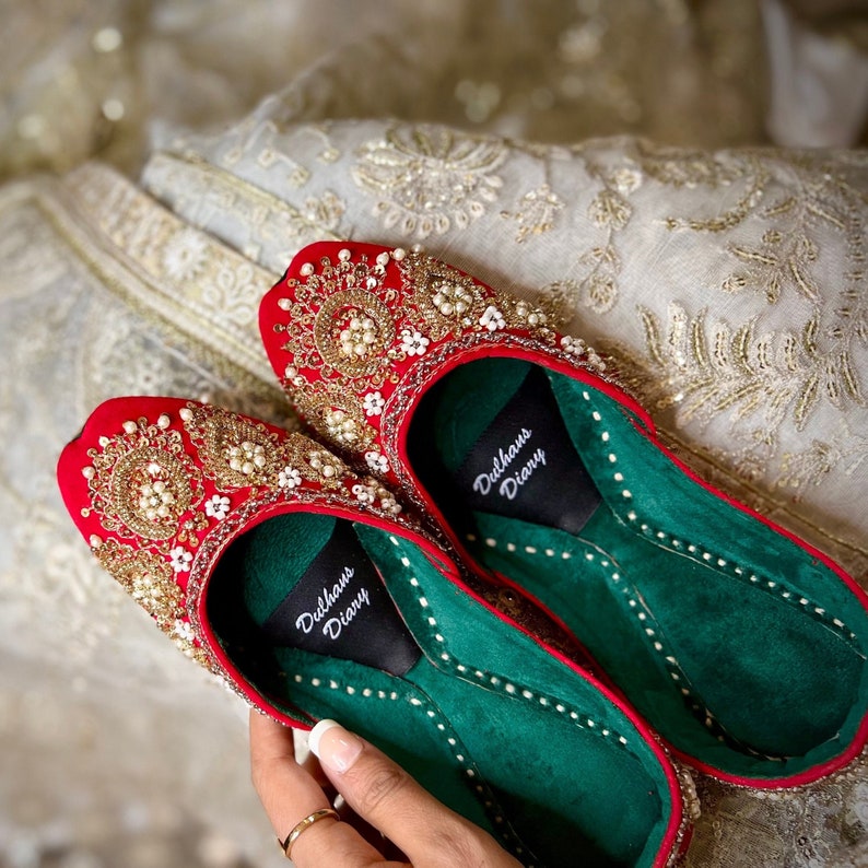 Red velvet Khussa with green double padded velvet interior
