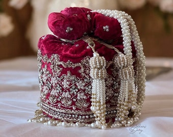 Rouge Royalty Potli- Deep Red Bridal Potli Bag | Bridal Handbag | Bridal Clutch | Evening Bag| Wristlet Bag