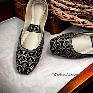 Black Velvet Khussa Shoes: Sequin Zari Indian Jutti