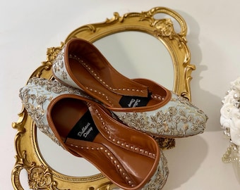 Light Blue Bridal Khussa Jutti: Handmade Thread Work Leather Sandal