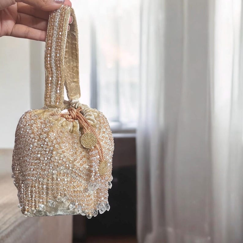 Dazzling Diamond: Crystal embellished Champagne Bridal Potli Bag | Evening Bag| wristlet bag | Potli Bag for Wedding