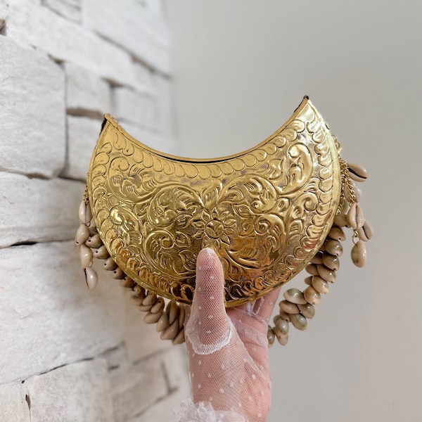 Moon Shape Brass Clutch: Gold Vintage Style  Handbag