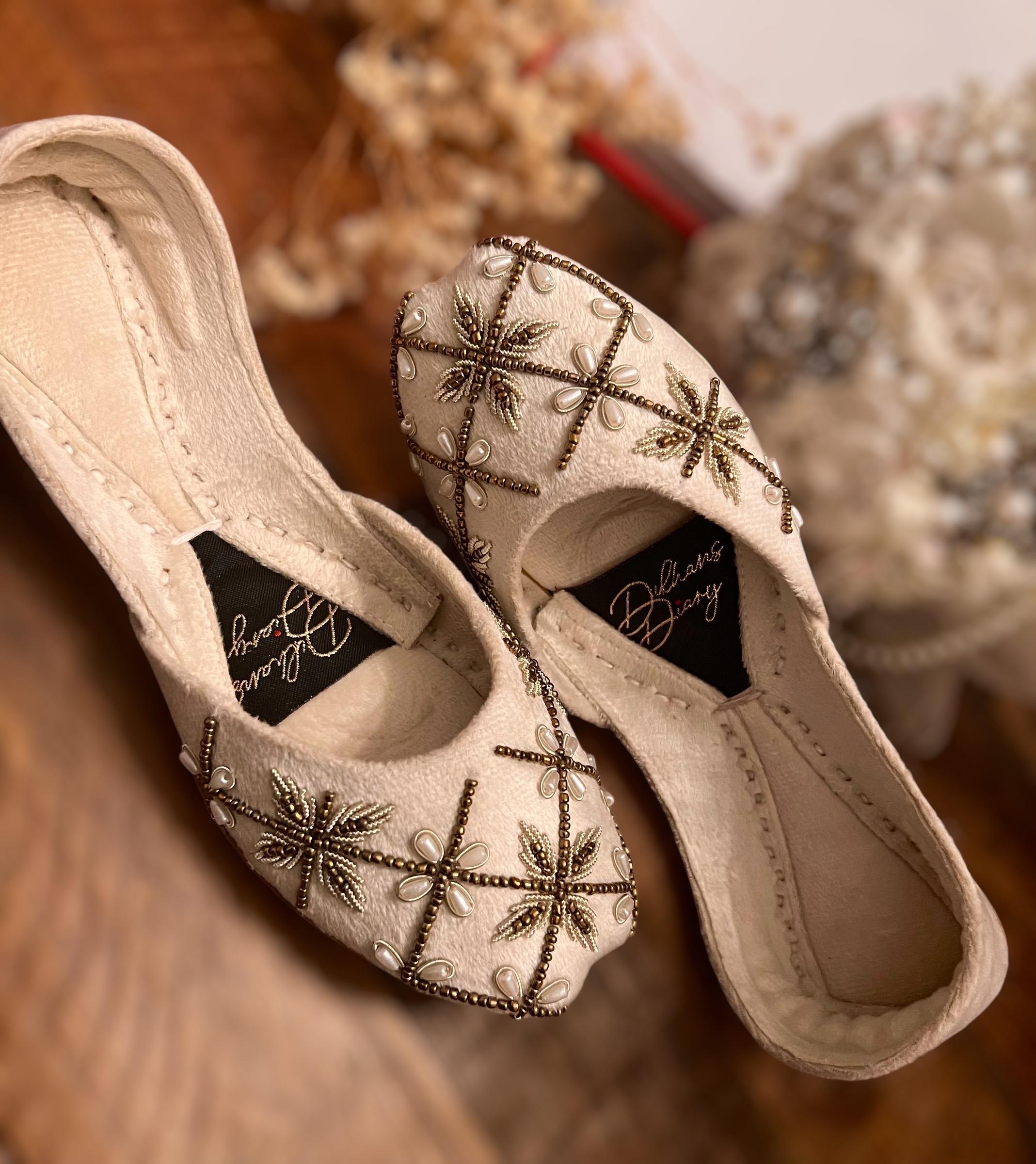 Beaded Bridal Khussa: Handmade Off White Velvet Punjabi Jutti