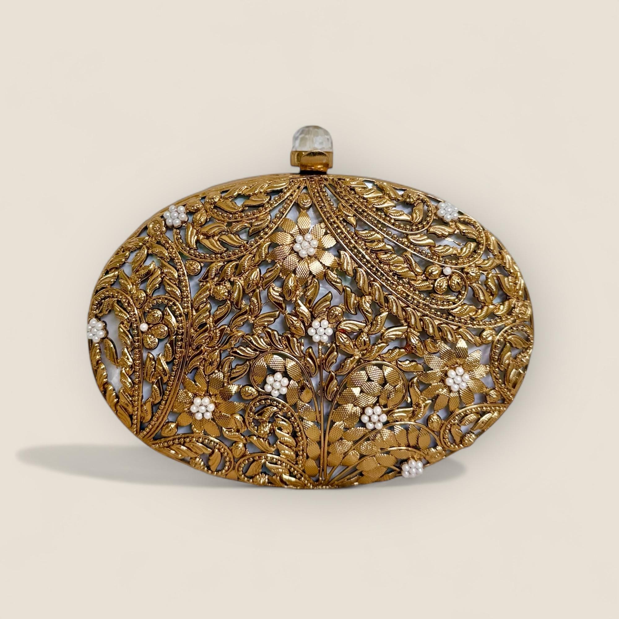 Gold Mother of Pearl Bridal Clutch Brass Floral Evening Bag