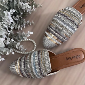Dazzling Crystal - Mules |  Backless Silver Khussa/Juttis/Ladies Handmade Pakistani Slip ons |Bridal Shoes| Wedding shoes