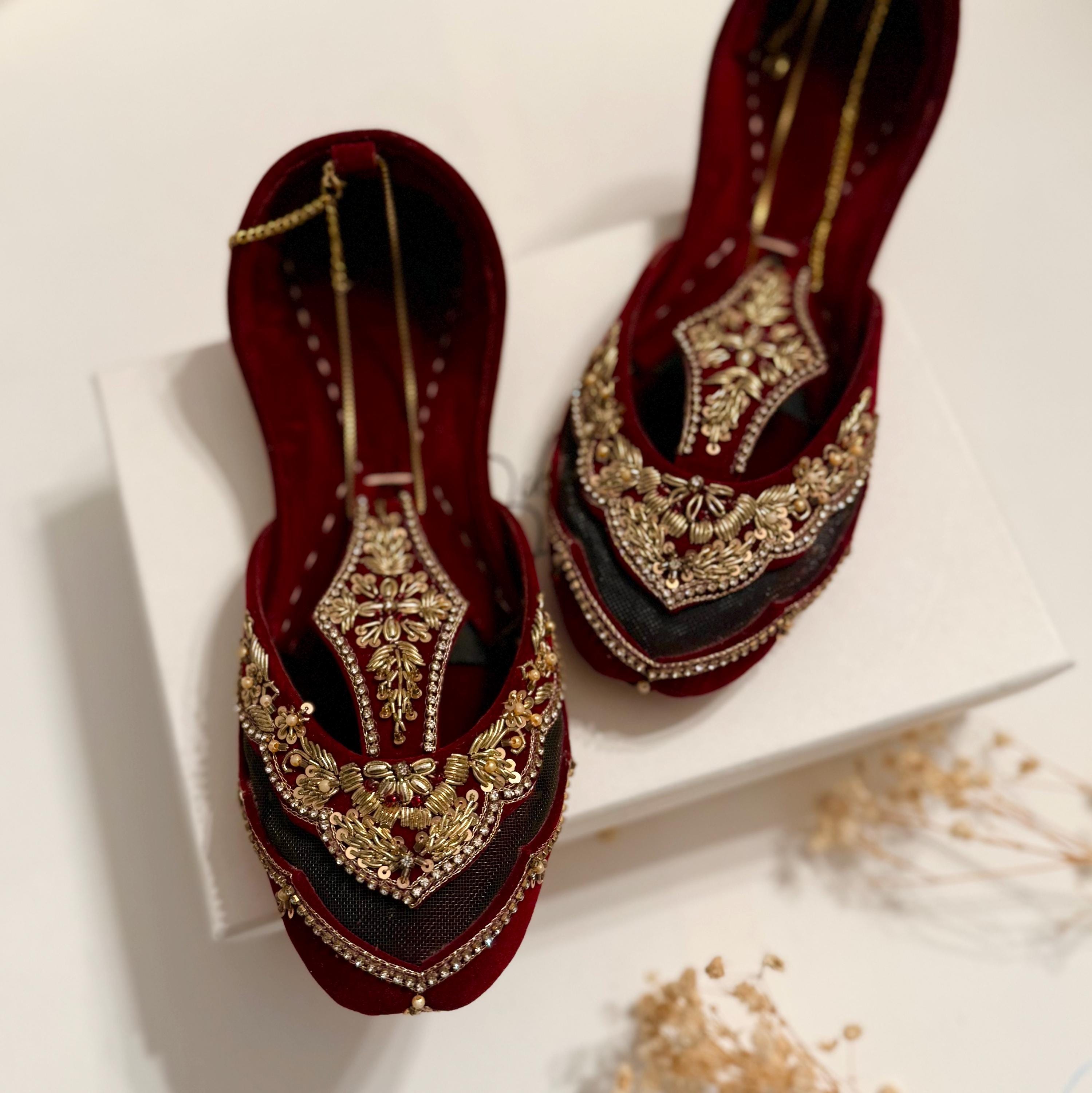 Bridal Maroon Khussa with Anklet | Handmade Wedding Day Shoes For Bride | Nikkah shoes | Gift for Bride | Pakistani Bridal Shoes