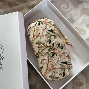 Floral Zardosi Bridal Clutch: Bird Knob, Sage Green Pastel Color Satin Printed Embroidery Clutch
